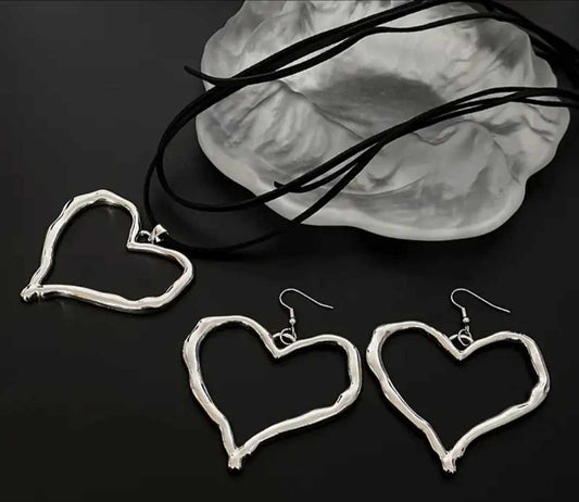 Giant Silver Tone Hollow Heart On Long Black Cord With Matching Large Heart Earrings