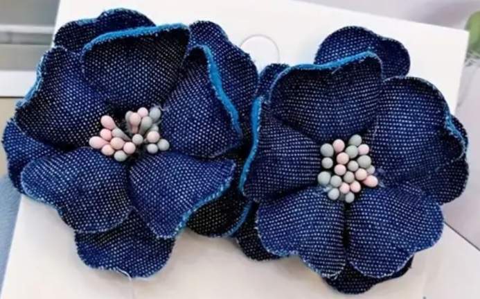 Large Blue Denim Flower Floral Studs