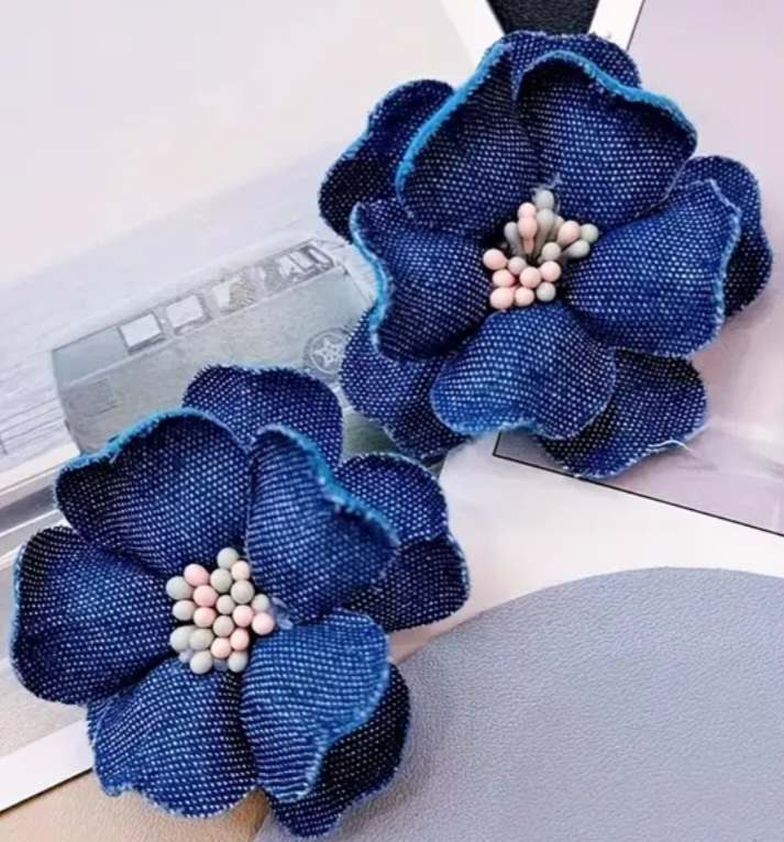 Large Blue Denim Flower Floral Studs