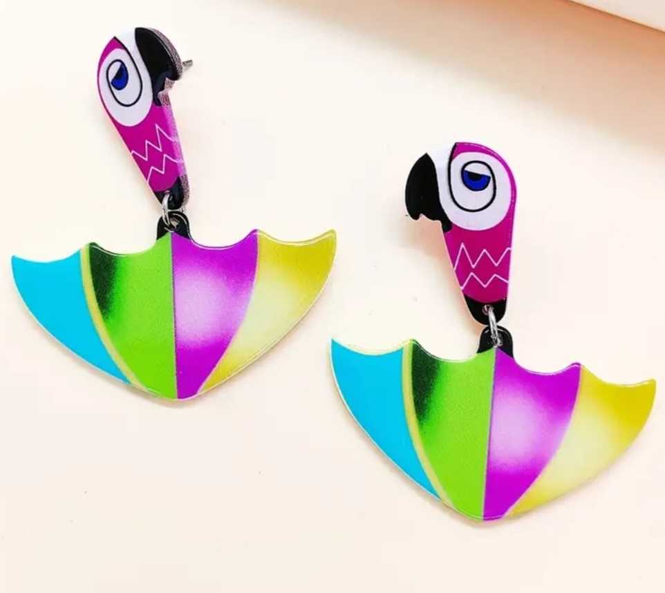 Mary Poppins Inspired Parrot Head Umbrella Acrylic Dangle Earrings