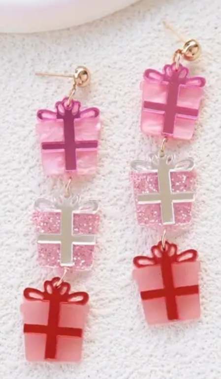 Sparkle Glitter Pink Acrylic Dangle Birthday Christmas Festive Present Dangle Earrings