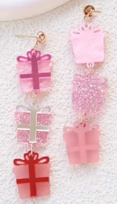 Sparkle Glitter Pink Acrylic Dangle Birthday Christmas Festive Present Dangle Earrings