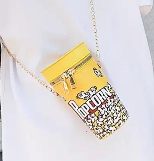 Fun Movies Pop Corn Bucket Design PU Vegan Leather Bag on Chain