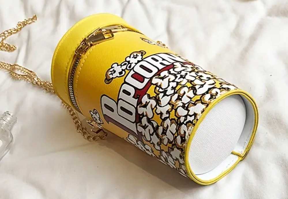 Fun Movies Pop Corn Bucket Design PU Vegan Leather Bag on Chain