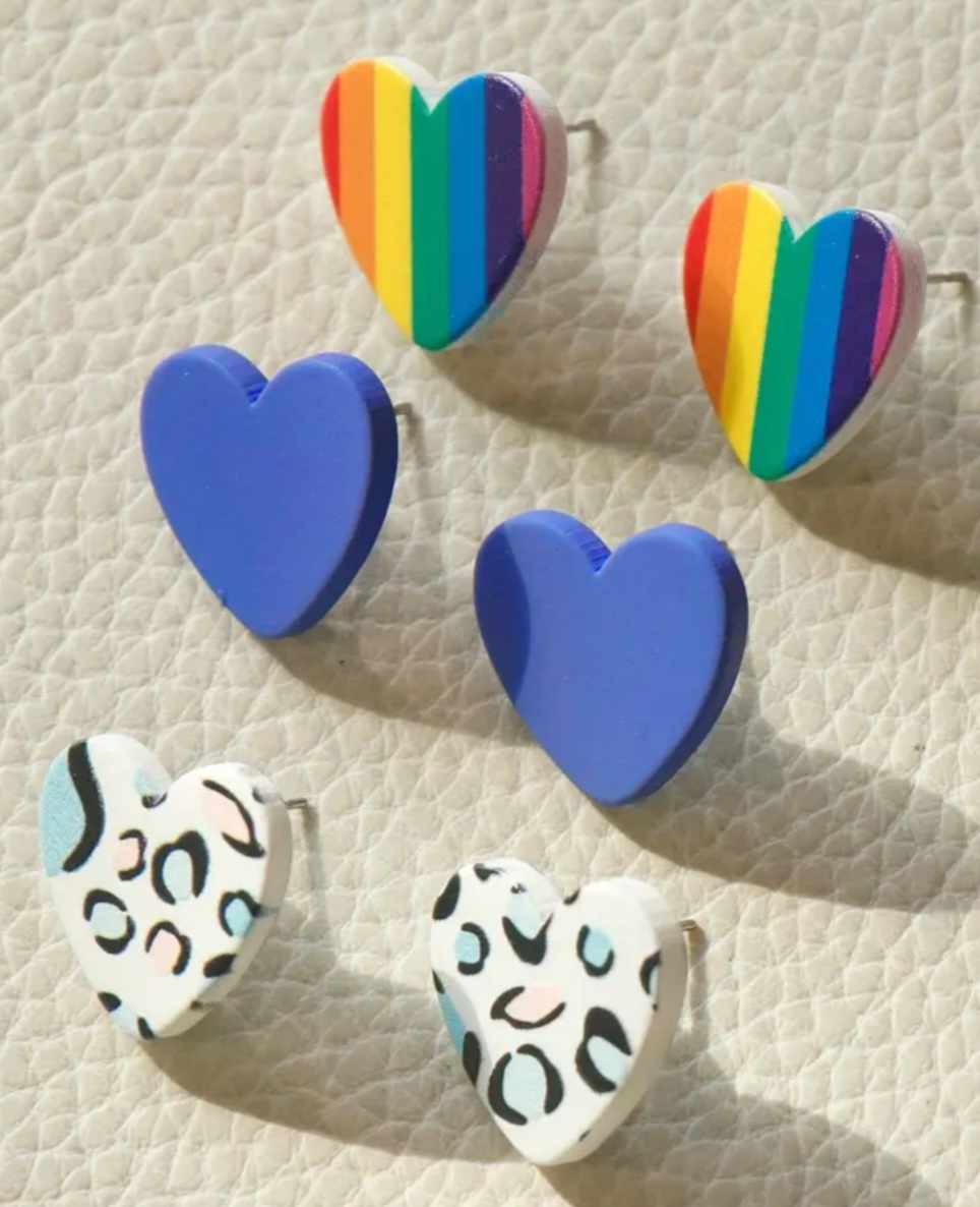 Acrylic Heart Stud Earrings Rainbow Lilac Purple Blue/Pink Leopard Print Design Set Of 3