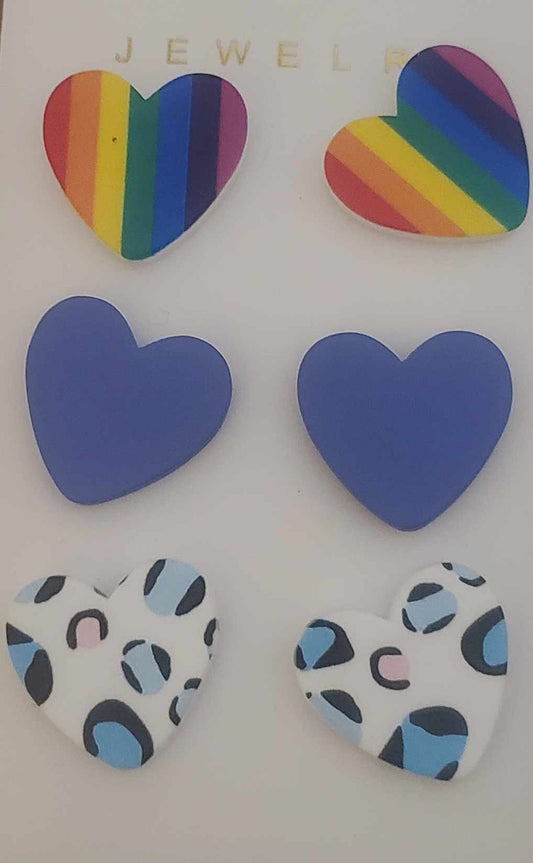 Acrylic Heart Stud Earrings Rainbow Lilac Purple Blue/Pink Leopard Print Design Set Of 3