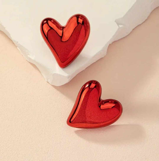 Large Shiny Red Heart Plastic Stud Earrings