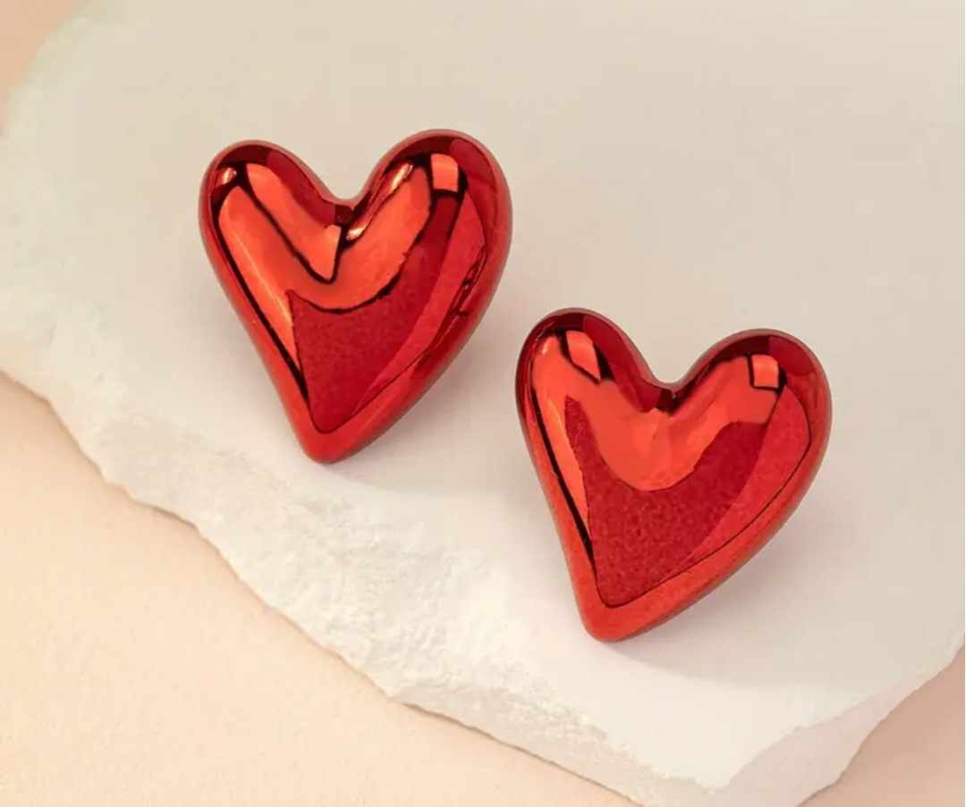 Large Shiny Red Heart Plastic Stud Earrings