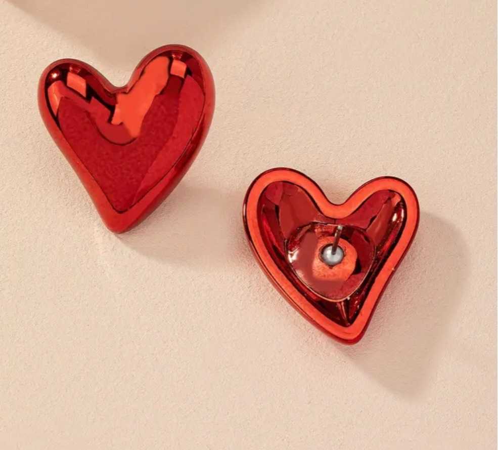 Large Shiny Red Heart Plastic Stud Earrings