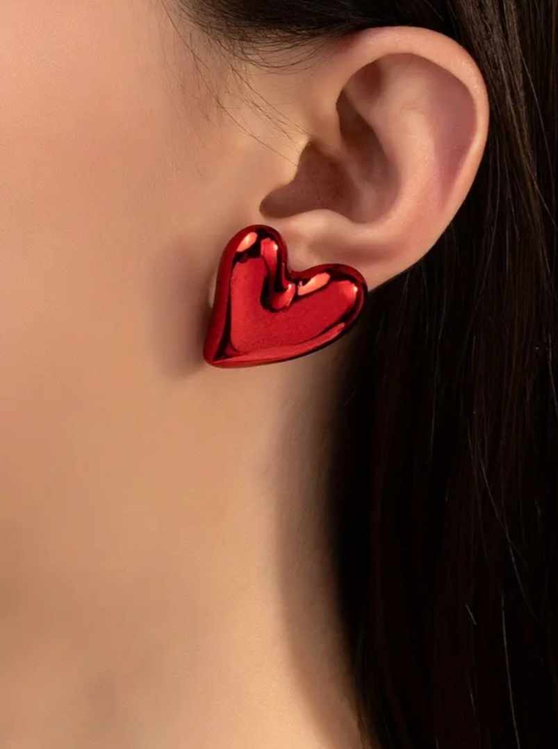 Large Shiny Red Heart Plastic Stud Earrings