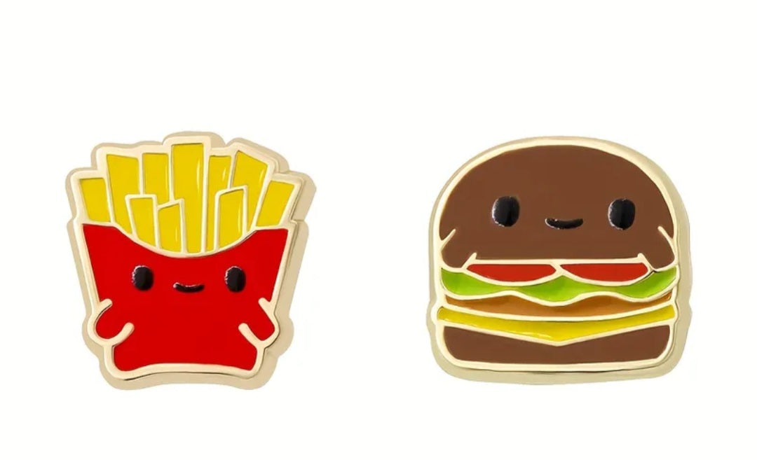 Burger French Fries Fast Food Design Enamel Gold Plated Metal Cartoon Mis-Match Irregular Stud Earrings