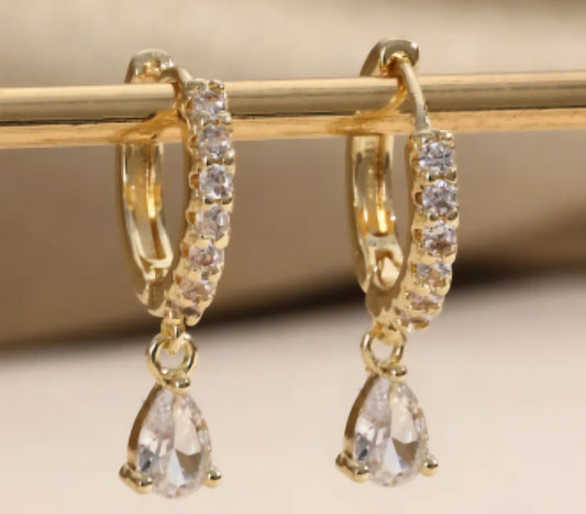 Dainty Small Copper Filled Gold Plated Cubic Zircon White Crystal Coloured Gems Tear Drop Mini Huggie Style Hoop Earrings