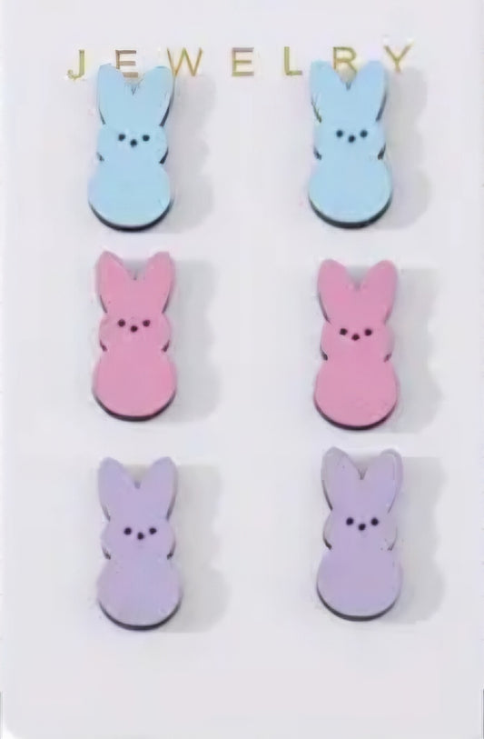 Cartoon Colourful Easter Bunny Rabbit Pastel Spring Small Wood Stud Earrings Set Of 3