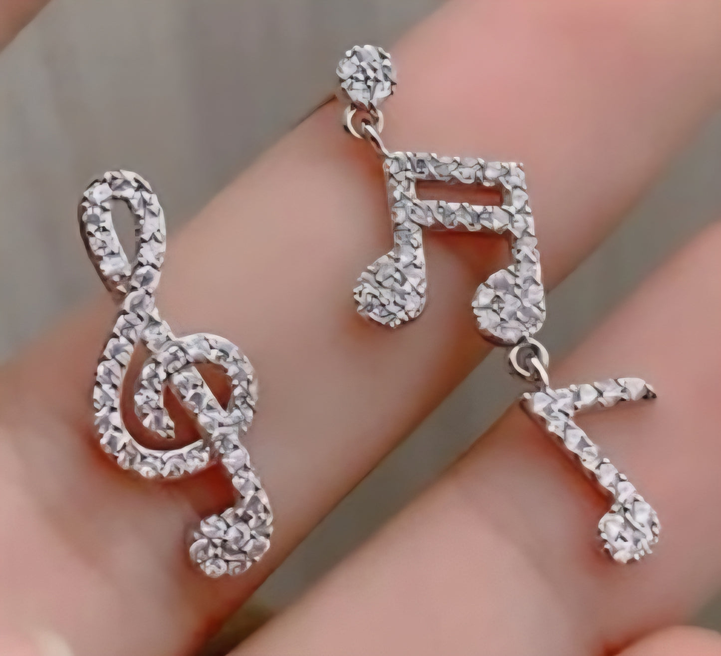 Fancy Music Note Treble Clef Rhinestone Inlay Mis-Match Silver Plated Hinged Stud Dangle Earrings