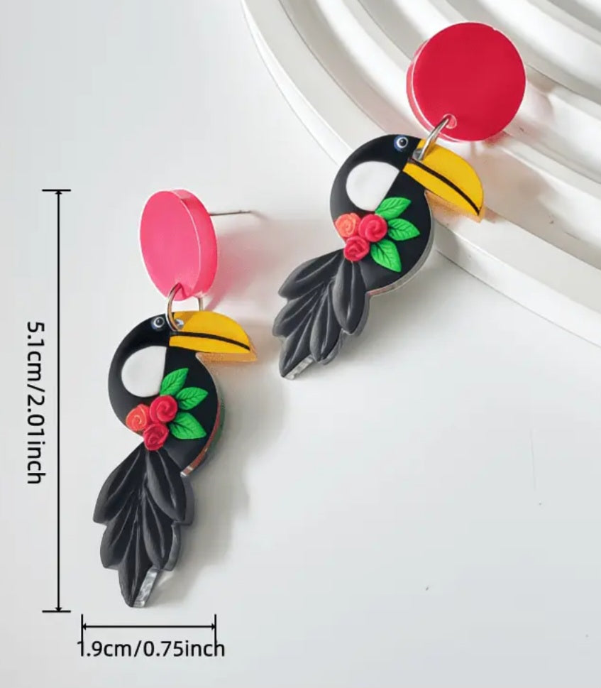 Acrylic Floral Toucan Parrot Design Drop Dangle Earrings