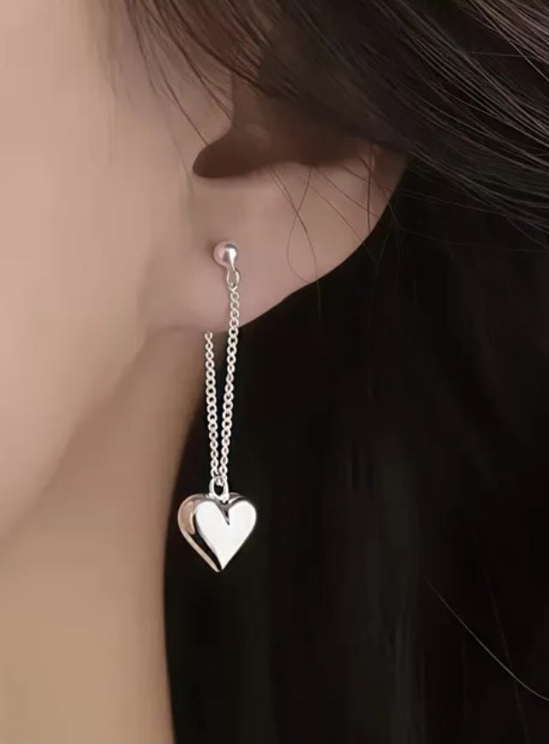 Chain Heart Drop Design Dainty Silver Plated Earrings
