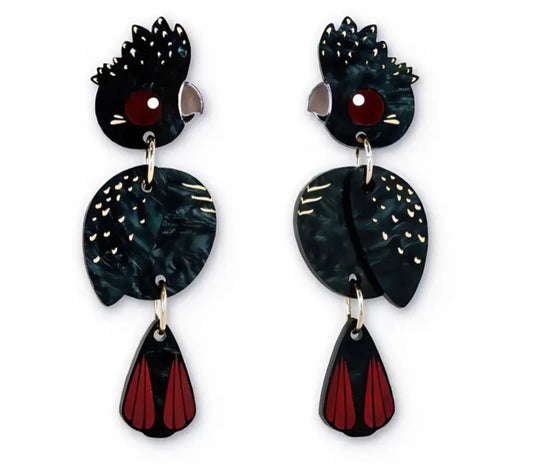 3 Part Hinged Acrylic Australia Black Cockatoo Parrot Bird Design Drop Dangle Earrings