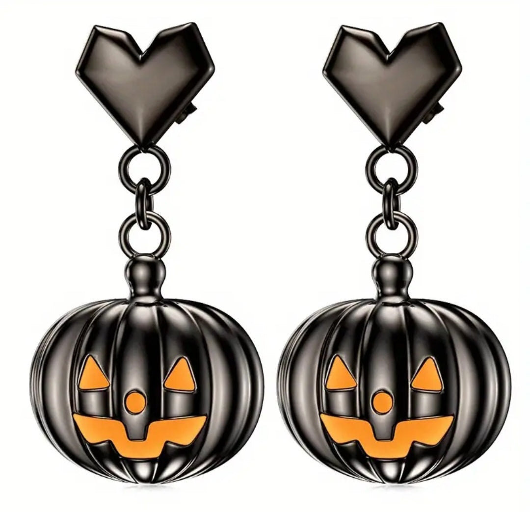 Black Enamel Gothic Halloween Painted Metal Jack O' Lantern Pumpkin  Heart Design Drop Dangle Earrings
