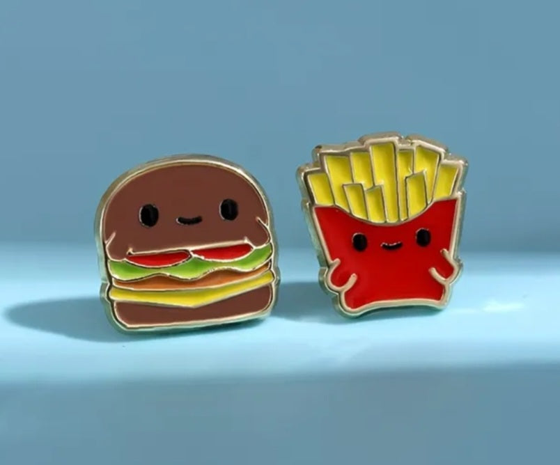 Burger French Fries Fast Food Design Enamel Gold Plated Metal Cartoon Mis-Match Irregular Stud Earrings