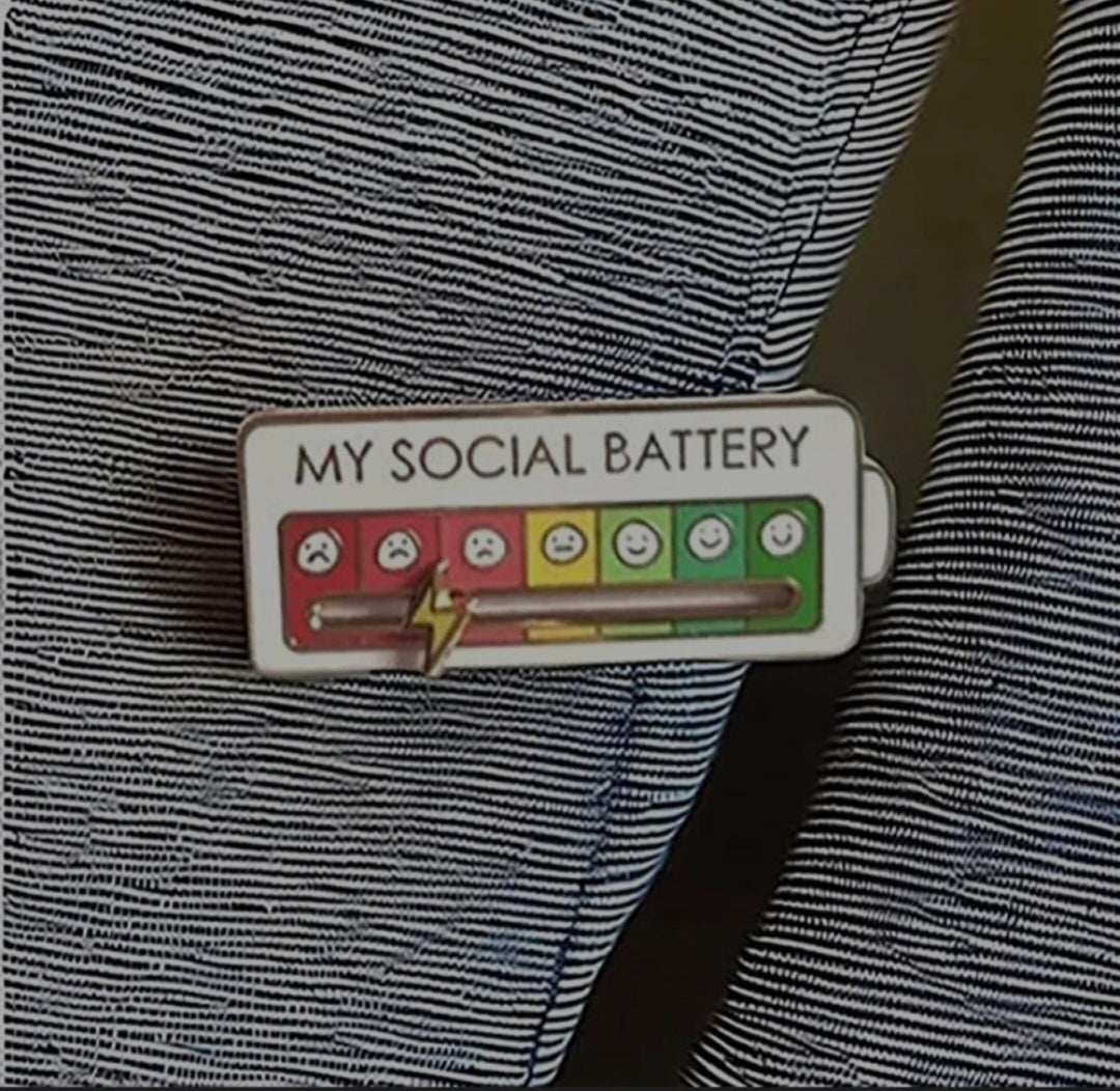 My Social Battery Mood Gauge With Moving Lightning Bolt White Enamel Steel Pin Brooch Badge
