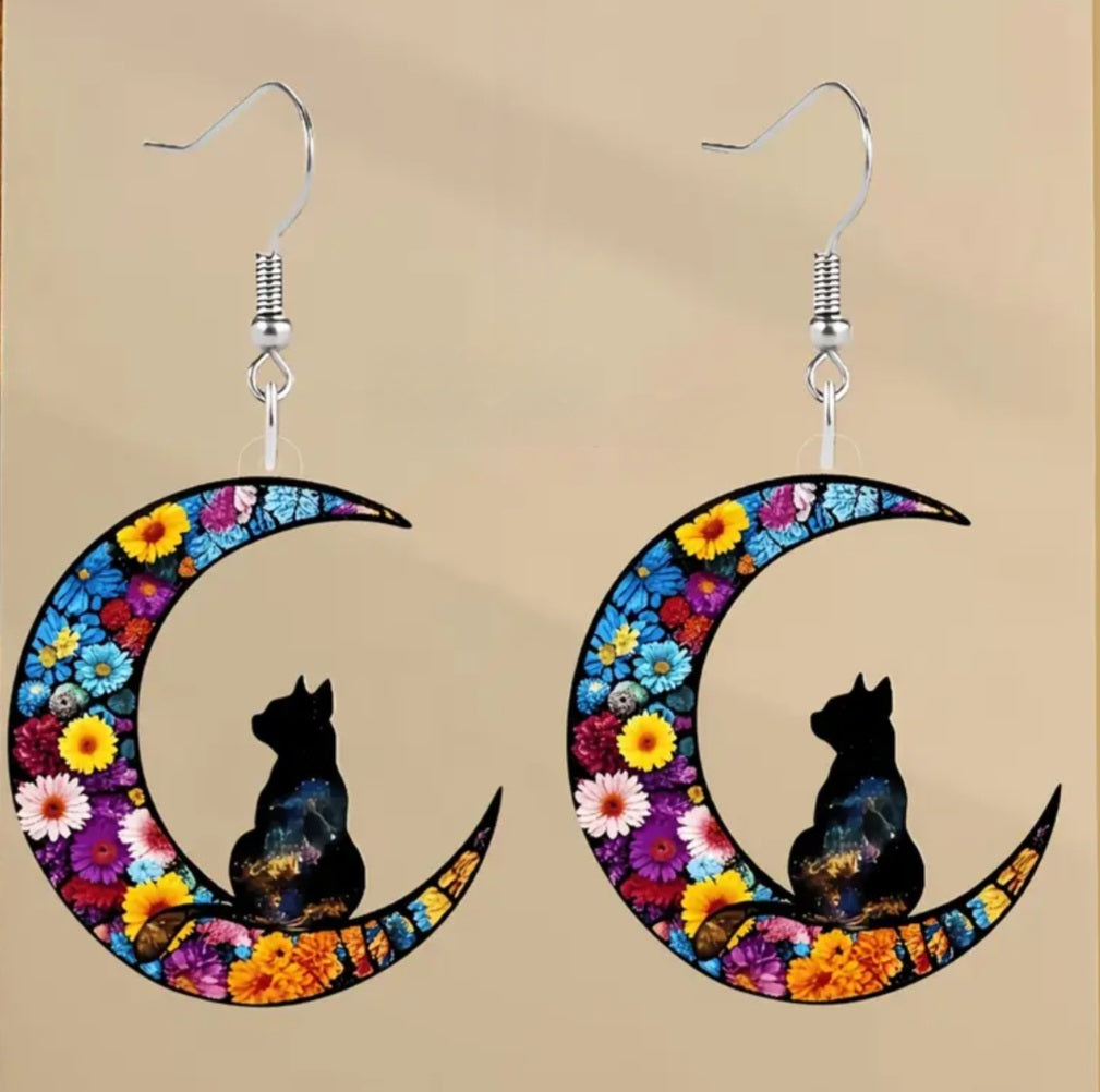 Acrylic Black Cat Crescent Moon Bright Flowers Design Drop Dangle Earrings