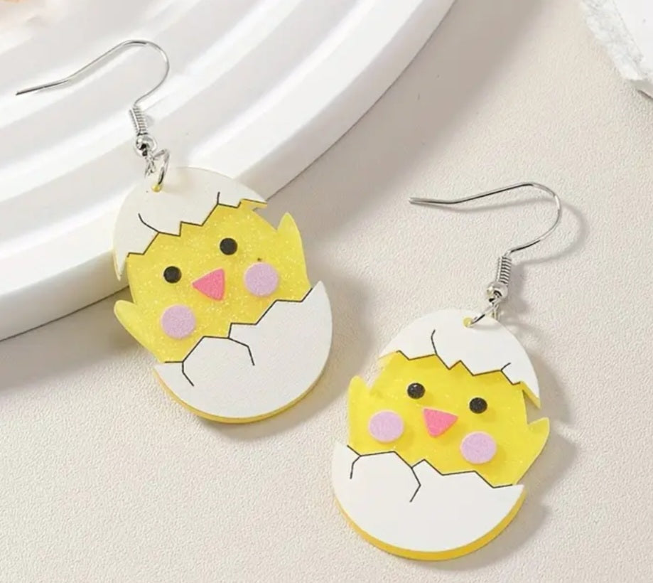 Acrylic Cartoon Chick Easter Egg Yellow Chicken Spring Design Drop Dangle Earrings