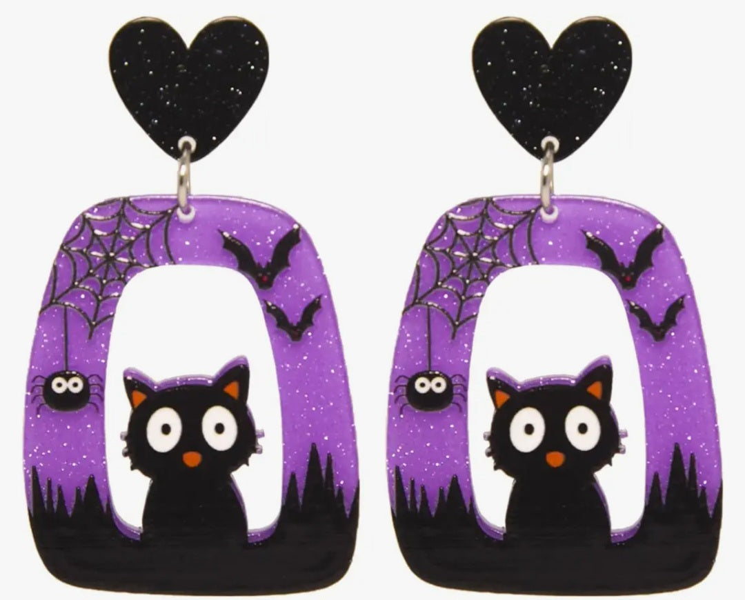 Acrylic Halloween Black Cat Heart Design Dangle Earrings