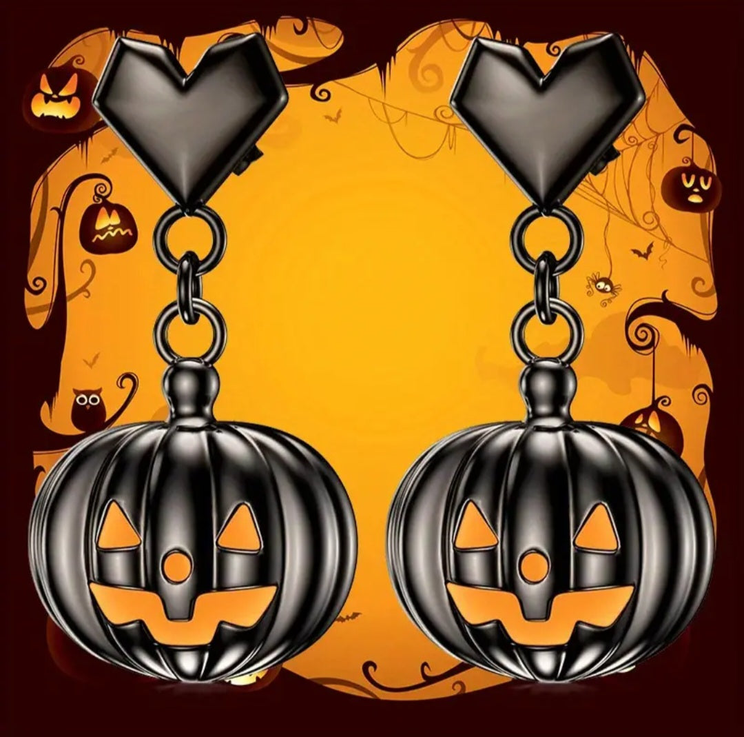 Black Enamel Gothic Halloween Painted Metal Jack O' Lantern Pumpkin  Heart Design Drop Dangle Earrings