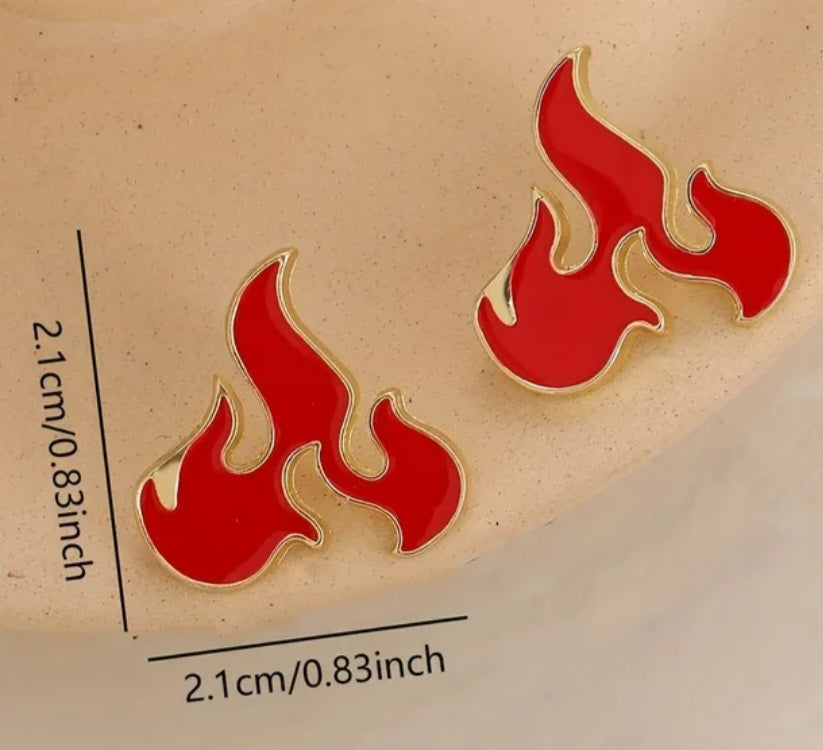 Flame Fire Enamel Painted Gold Plated Red Metal Stud Earrings