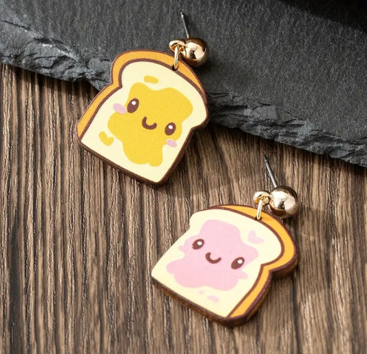 Cartoon Bread Peanut Butter & Jelly Sandwich Raspberry Jam Design Wood Drop Dangle Earrings