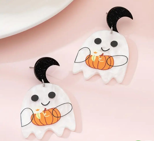 Acrylic Cartoon Ghost Pastel Pumpkin Design Halloween Cresent Moon Drop Dangle Earrings
