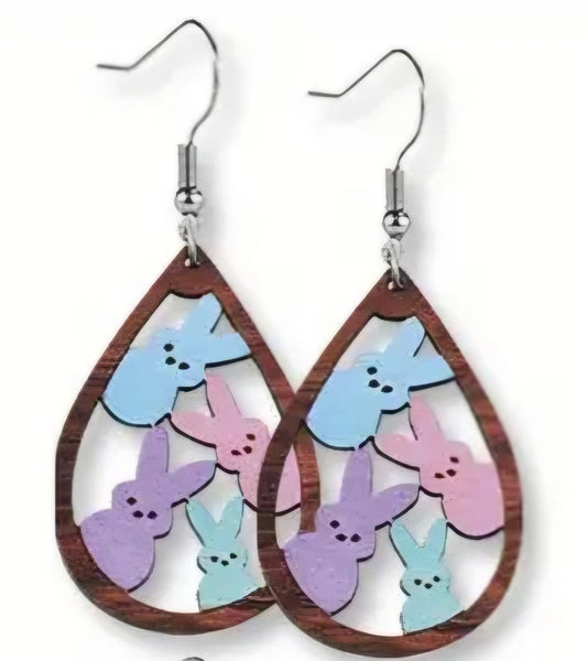 Cartoon Easter Bunny Rabbit Trio Bunnies Pastel Blue Pink Teal Tear Drop  Design Wood Drop Dangle Earrings