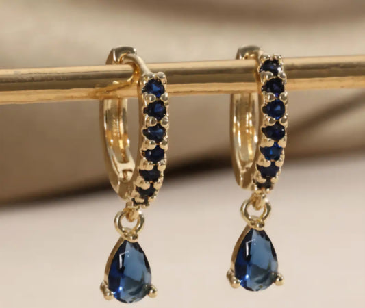 Dainty Small Copper Filled Gold Plated Cubic Zircon Sapphire Deep Blue Coloured Gems Tear Drop Mini Huggie Style Hoop Earrings