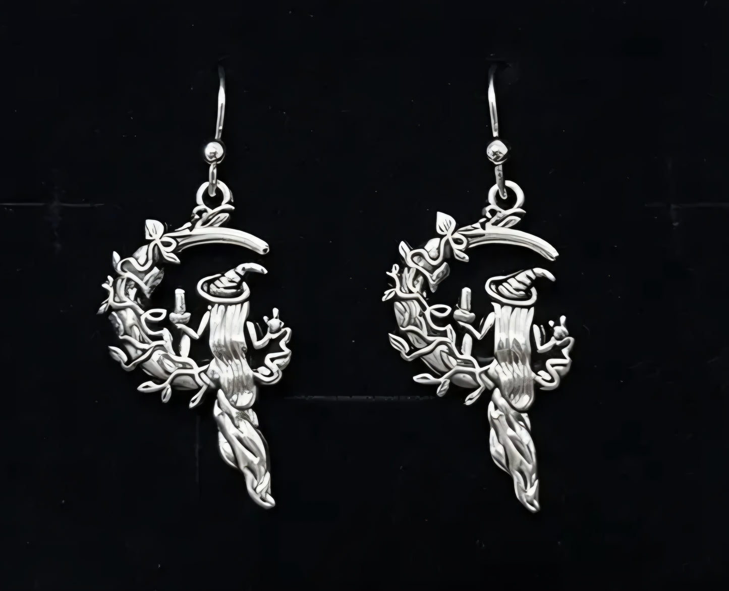 Crescent Moon Forrest Witch Magic Silver Plated Teeny Dangle Earrings