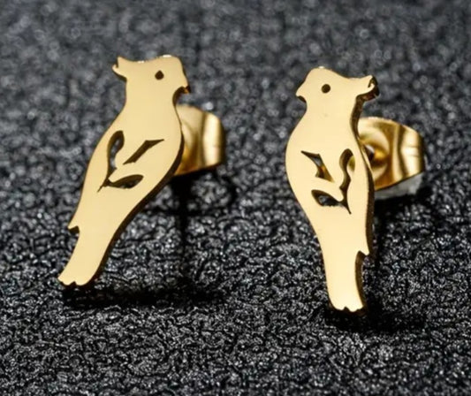 Adorable Parrot Cockatiel Design Gold Plated Stainless Steel Small Teeny Stud Earrings