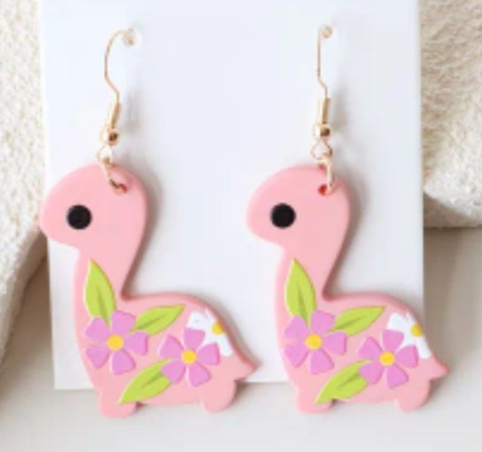 Acrylic Cartoon Floral Flower Print Pink Dino Dinosaur Design Drop Dangle Earrings