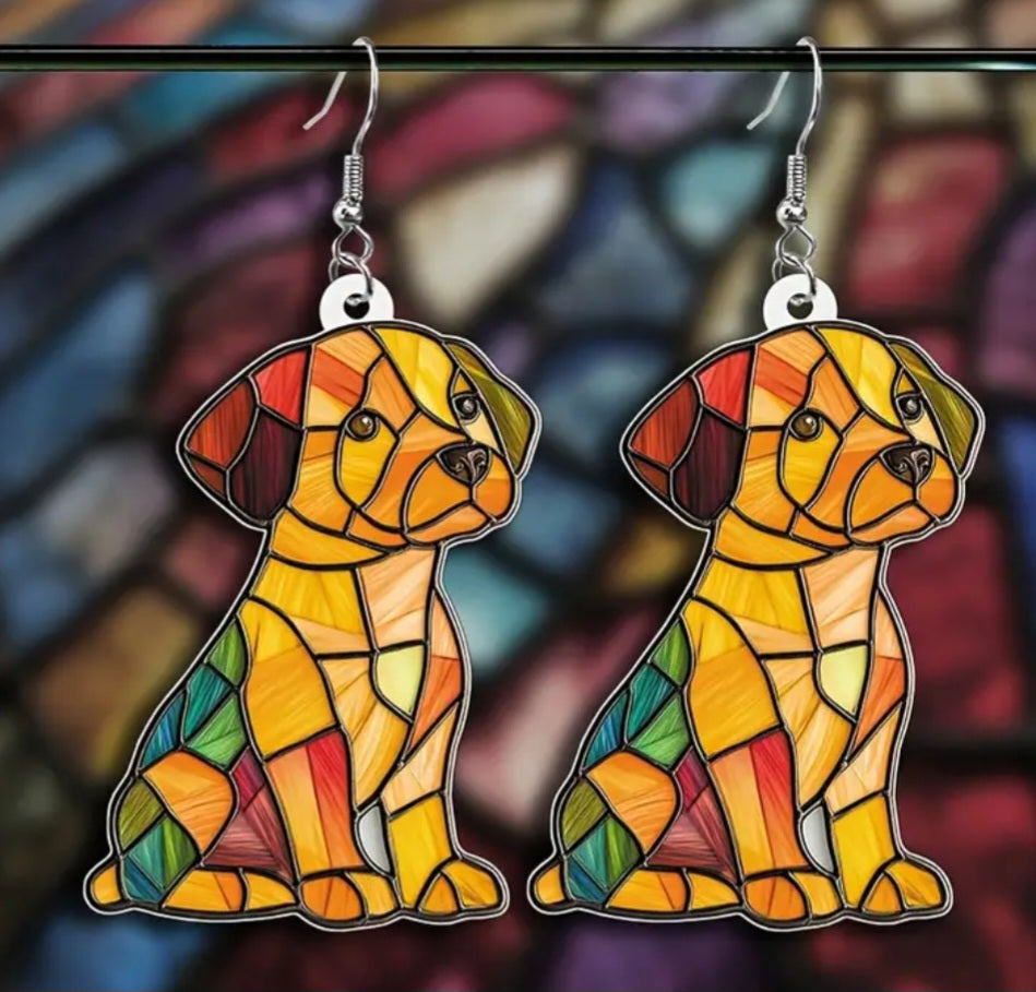 Acrylic Colourful Dog Puppy Stain Glass Windiw Design Drop Dangle Earrings