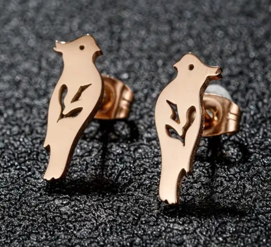 Adorable Parrot Cockatiel Design Rose Gold Plated Stainless Steel Small Teeny Stud Earrings