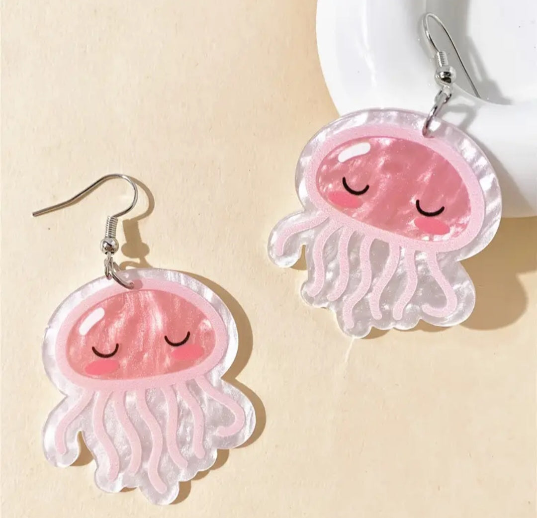 Acrylic Cartoon Jellyfish Pink Design Drop Dangle Earrings