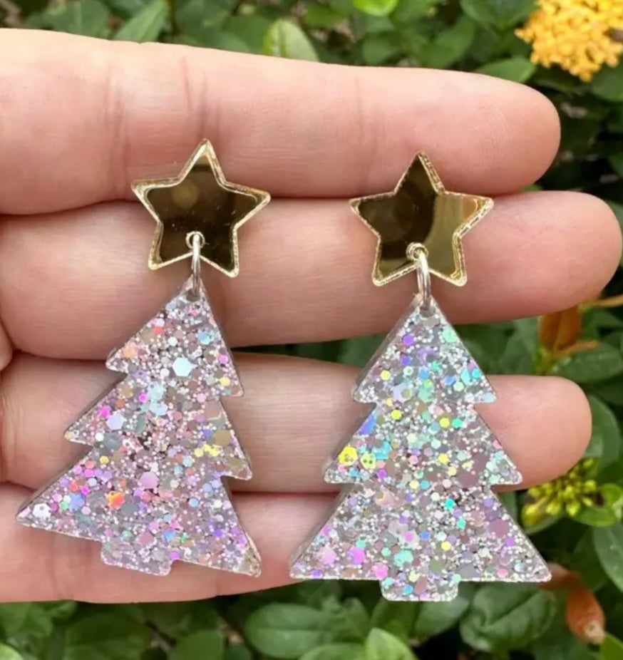 Acrylic Christmas Tree Clear Glitter Flake Gold Star Festive Design Drop Dangle Earrings