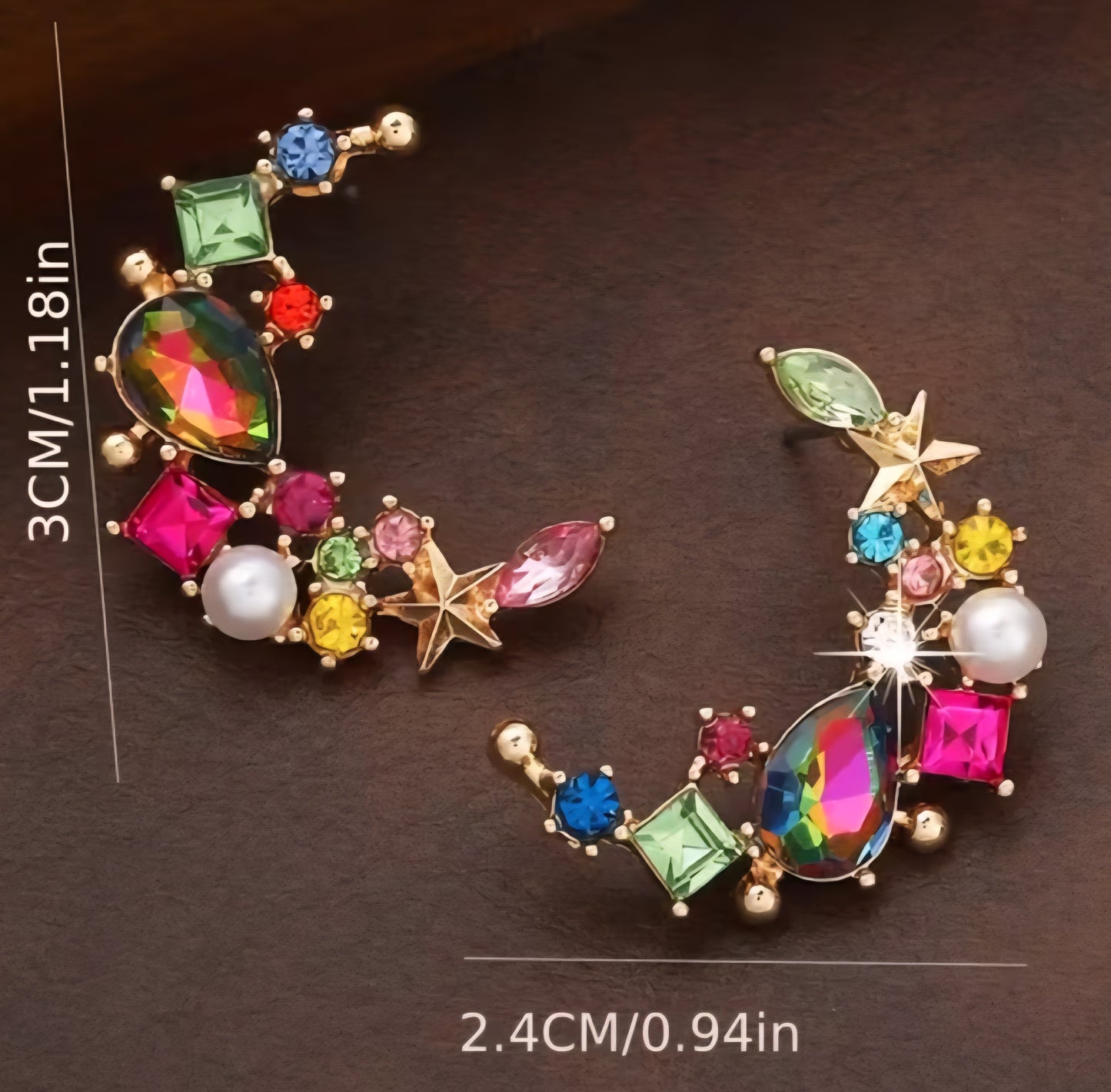 Celestial Crescent Moon Colourful Gem Rhinestone Gold Plated Giant Bling Jewel Stud Earrings