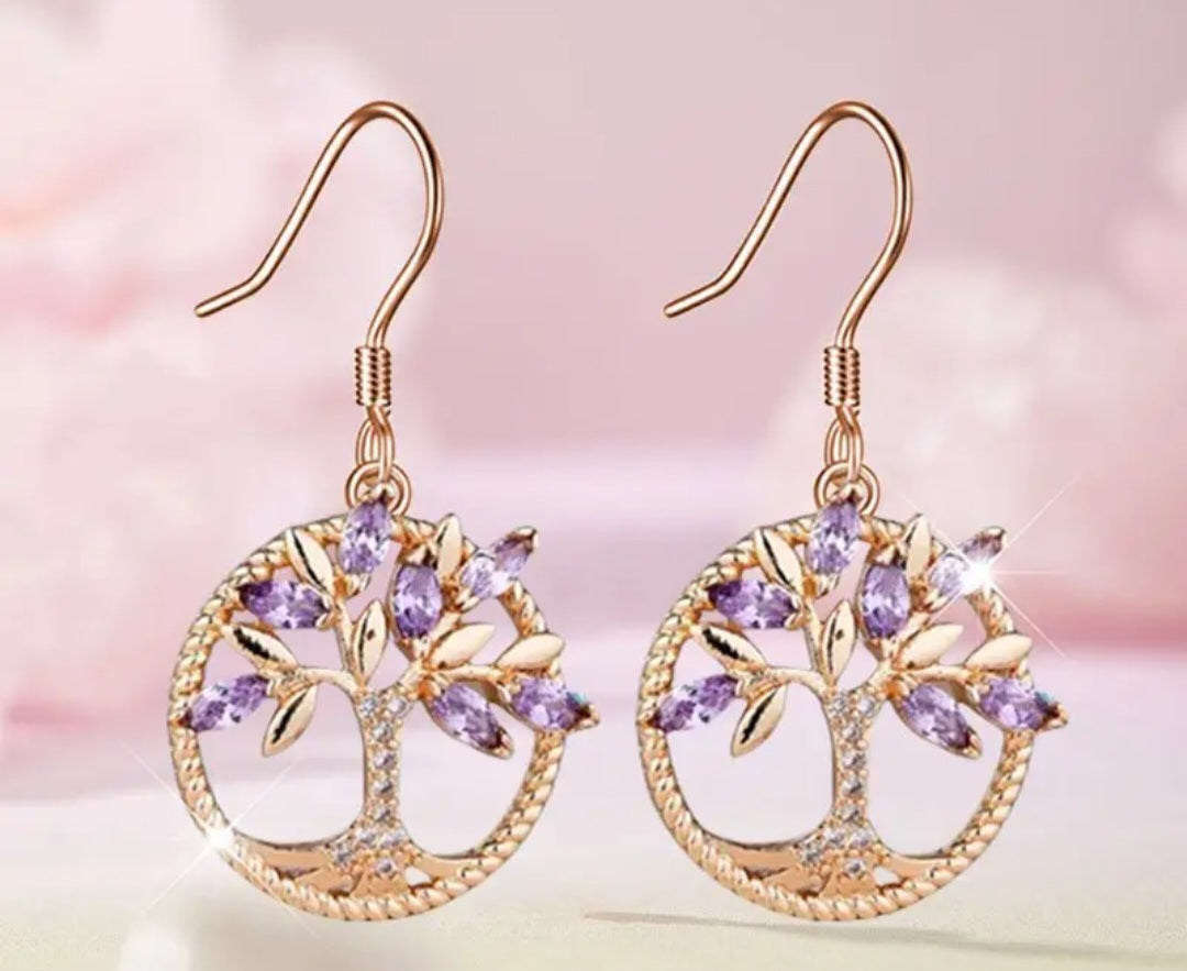 Gold Plated Lilac Purple Rhinestone Inlay Tree Of Life Design Circle Small Drop Dangle Earrings