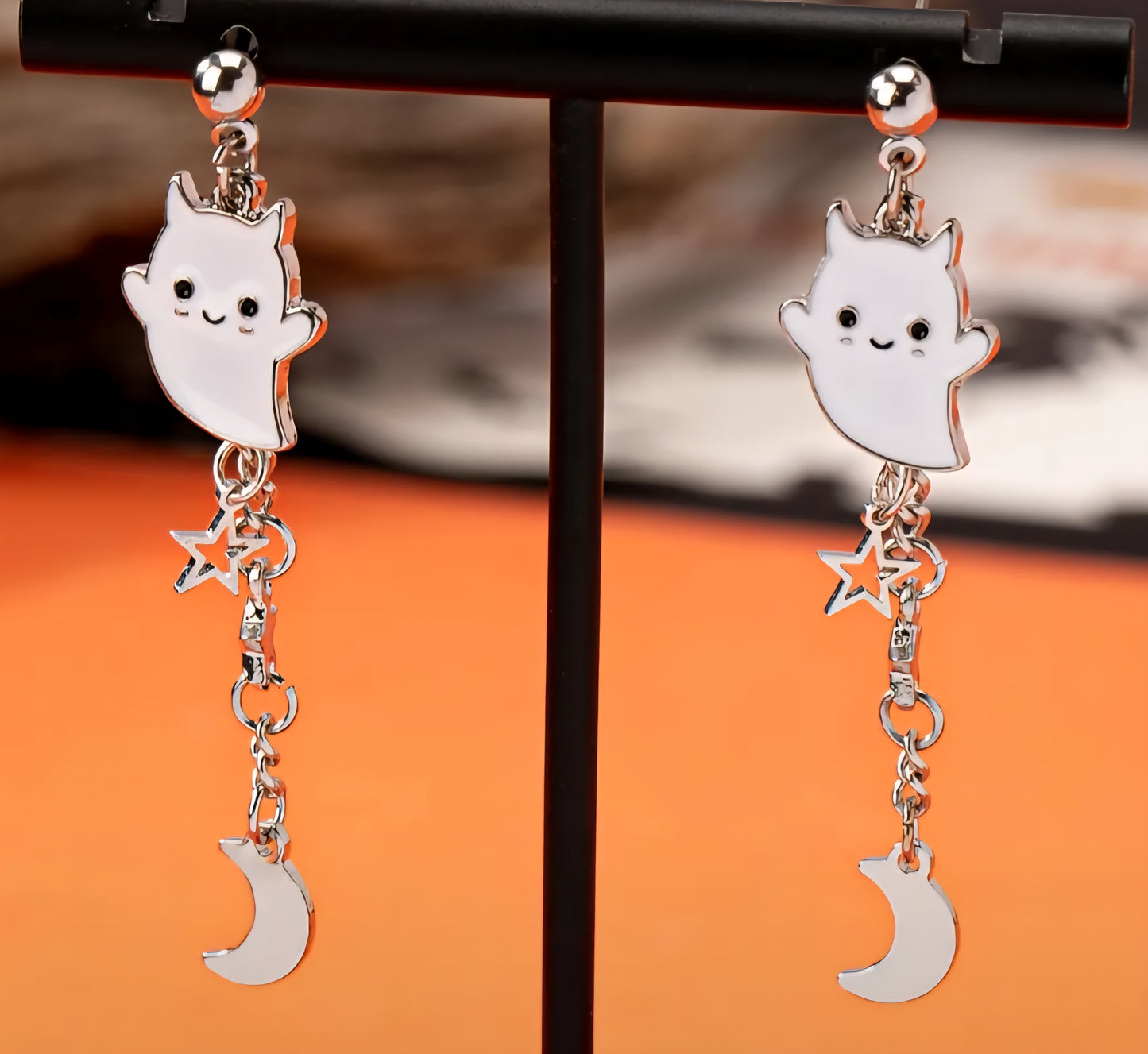Adorable Enamel Little Devil Ghost Silver Plated Star Moon design Chain Tassle Earrings Punk Gothic Perfect For Halloween
