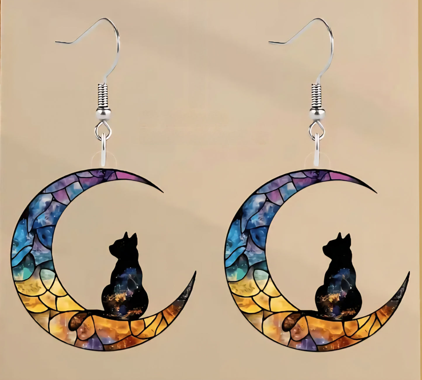 Acrylic Black Cat Crescent Moon Stained Glass Effect Design Drop Dangle Earrings