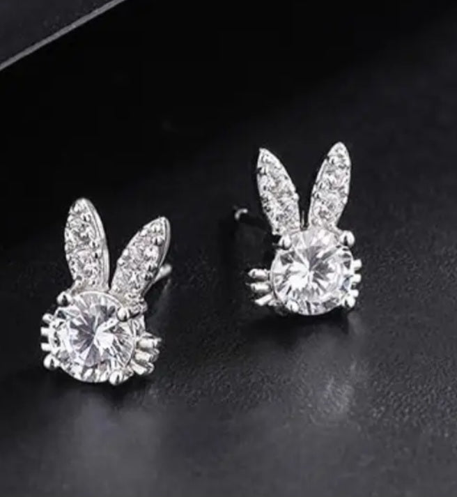 Easter Bunny Rabbit Head Spring Rhinestone Inlay Silver Plated Teeny Stud Earrings