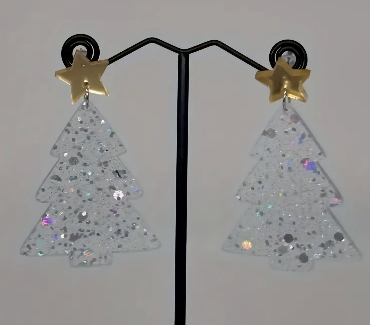 Acrylic Christmas Tree Clear Glitter Flake Gold Star Festive Design Drop Dangle Earrings