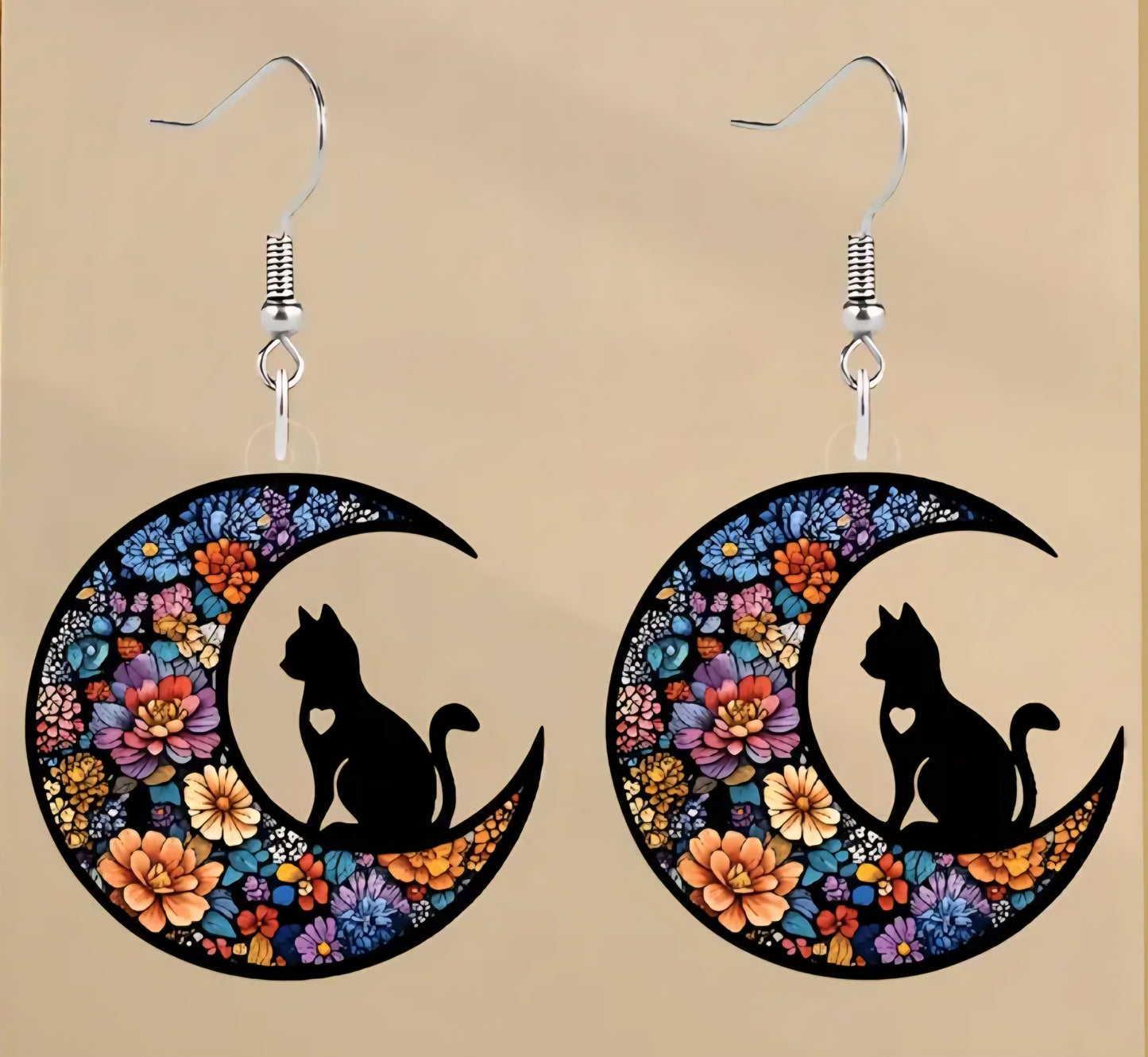 Acrylic Black Cat Crescent Moon Dark Flowers Design Drop Dangle Earrings