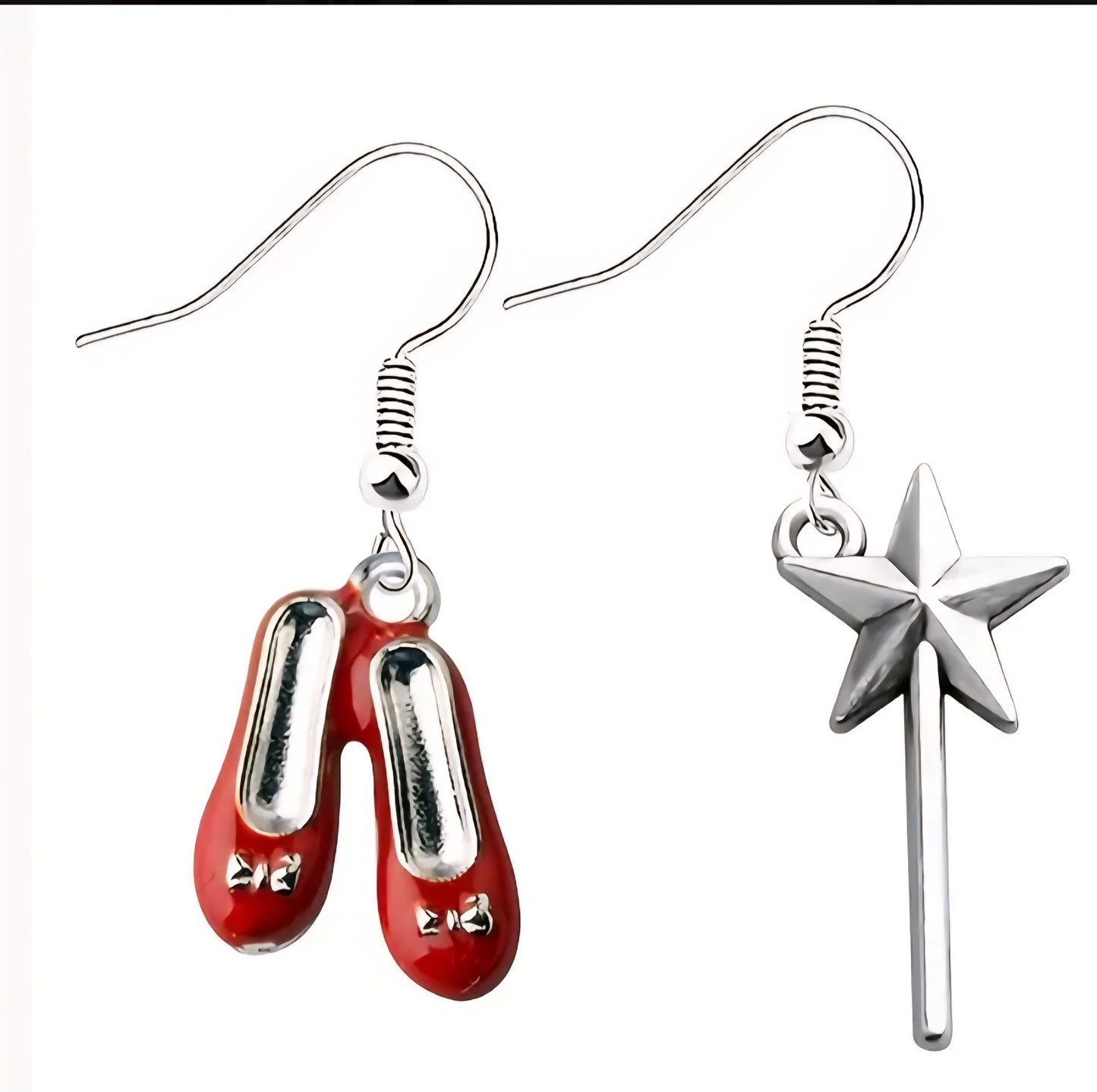Dorothy's Ruby Red Slippers Glinda's Wand Wizard Of Oz Inspired Enamel Painted Mis-Matched Irregular Drop Dangle Earrings