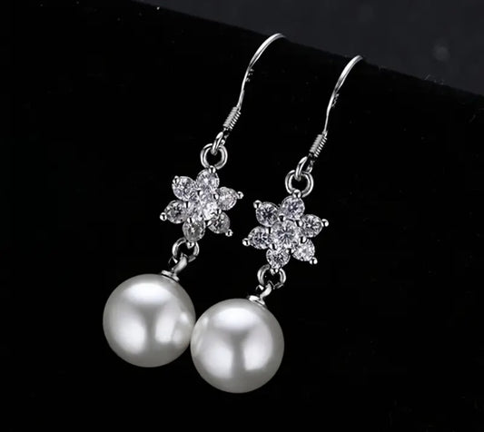 Bling Faux Pearl Flower Drop Rhinestone Inlay Silver Plated Small Dangle Earrings