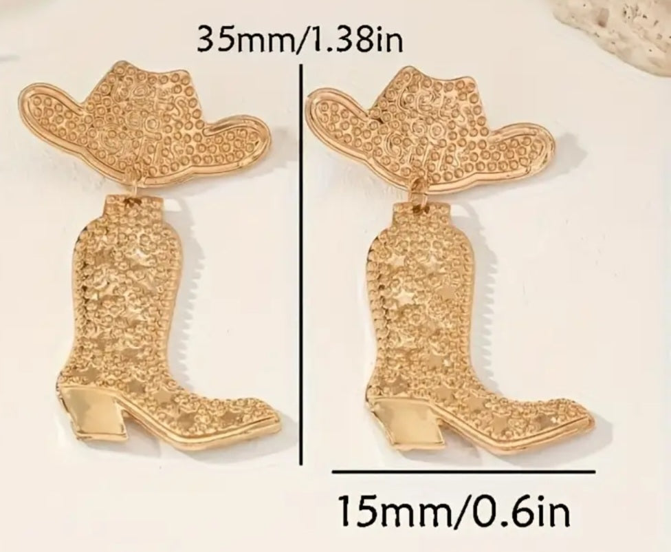 Cowboy Boots Hat Country Western Design Gold Plated Drop Dangle Earrings